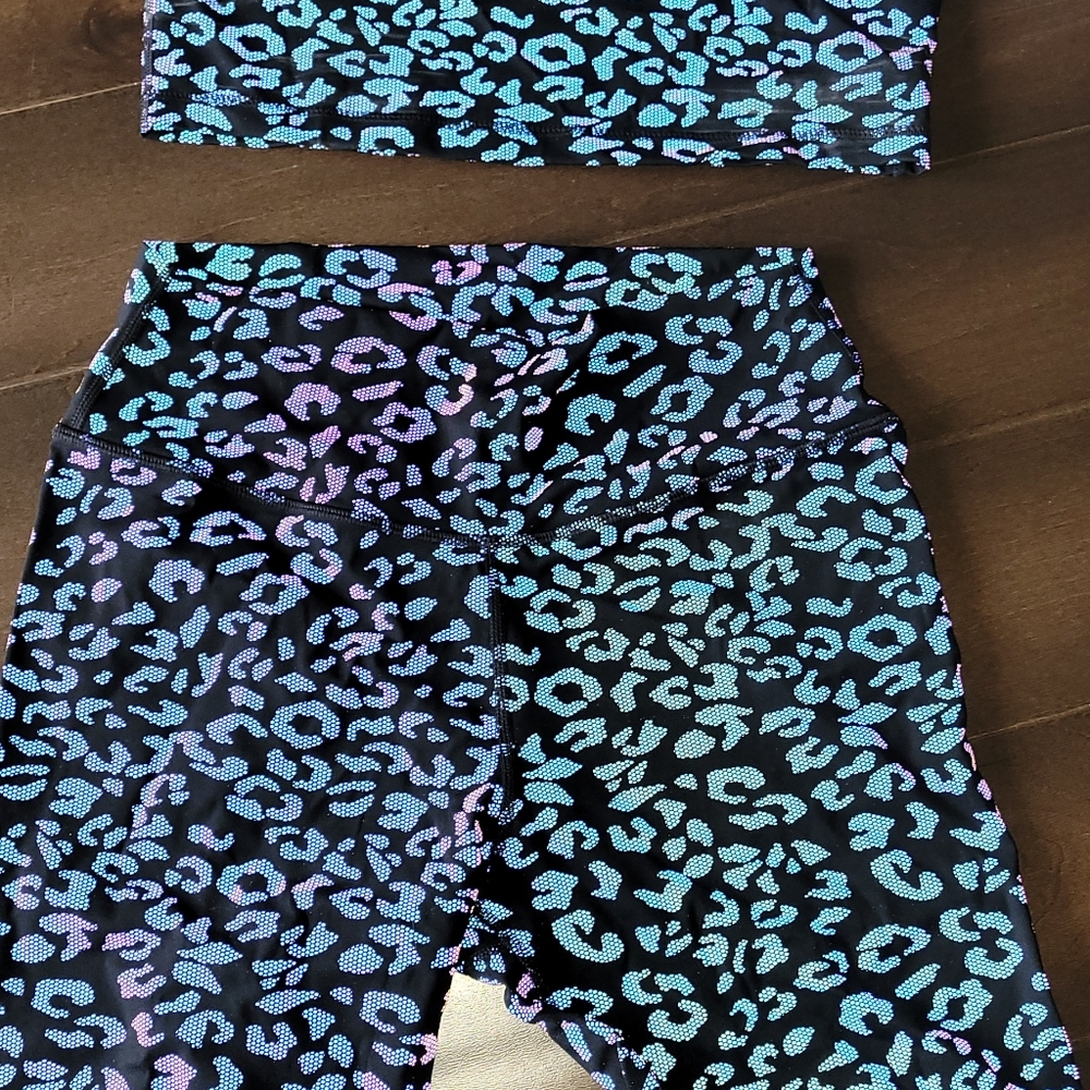 ZYIA Black High-Waist Leggings with Iridescent Teal and Purple Leopard Print